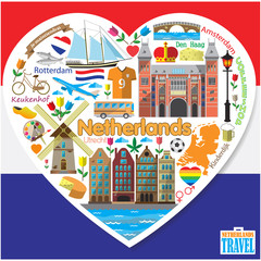Netherlands love.Set vector icons and symbols of landmarks