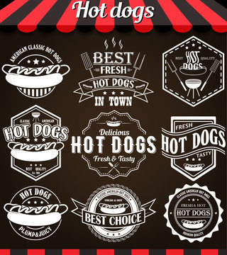 White illustration set of hot dogs retro vintage labels, badges