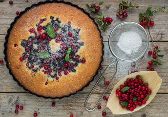 Sponge cake with berries - cranberries and blueberries

