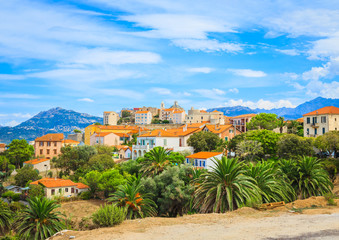 Medieval village of Calvi on rocky hill, island Corsica, France