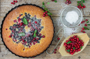 Sponge cake with berries - cranberries and blueberries.  Rustic style