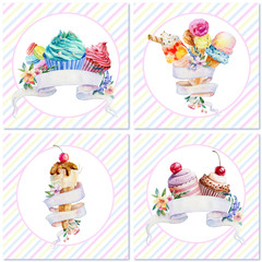 Set of postcards with watercolor illustrations of ice cream, cup