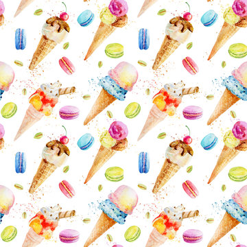 Watercolor seamless pattern with ice cream and macaroons.