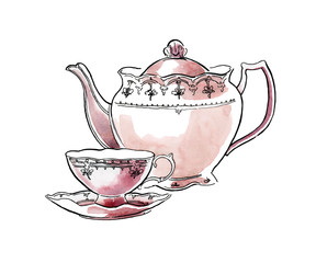 Hand made sketch of tea sets. Vector illustration. - 90980205