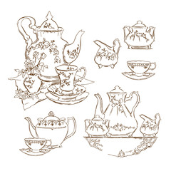 Hand made sketch of tea sets. Vector illustration. - 90980236