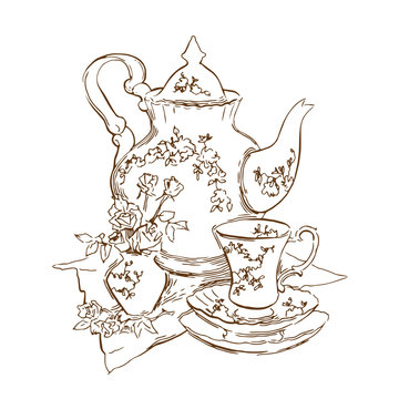 Hand made sketch of tea sets. Vector illustration.