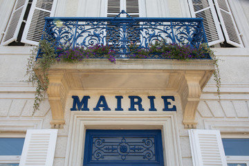 Very nice and modern city hall written in a blue letters mairie in french - obrazy, fototapety, plakaty