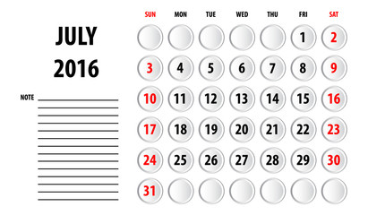 Template of calendar for 2016