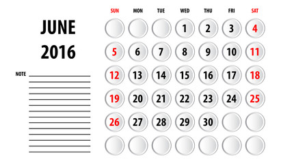 Template of calendar for 2016