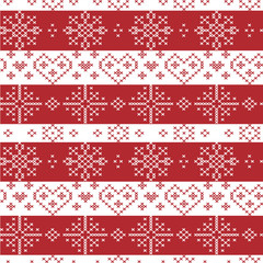 Red and white Nordic Christmas seamless   pattern with stars, snowflakes,  hearts, decorative elements in Scandinavian cross stitch knitting pattern 
