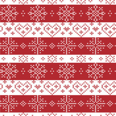 Red and white Nordic Christmas seamless   pattern with stars, snowflakes,  hearts, decorative elements in Scandinavian cross stitch knitting pattern 
