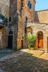 street of medieval Pienza town in Tuscany. Italy