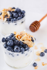 Homemade yoghurt with blueberry,almond and honey.selective focus
