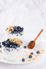 Homemade yoghurt with blueberry,almond and honey.selective focus