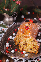 Christmas fruitcake with raisins and saffron.selective focus