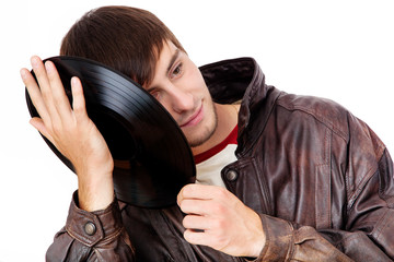 Man with acoustic LPs