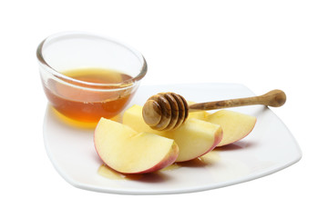 Honey and apple on white background