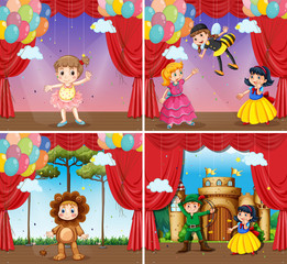 Four scenes of children doing stage plays