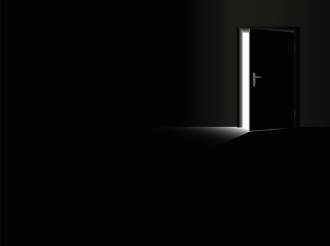 Darkness - black room with a half open door and a glimmer of light coming in - as a symbol for fear, frustration, hope, courage and for taking a chance. Vector illustration.