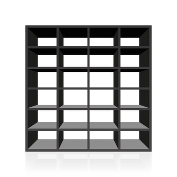 Black empty rack or bookshelf with twenty four cubbyholes. Isolated vector illustration on white background.