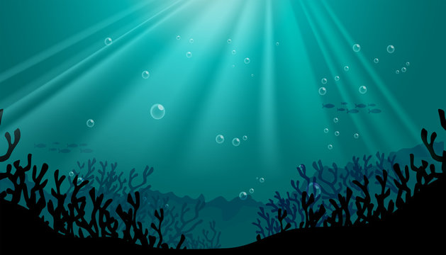Silhouette underwater scene with coral reef