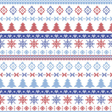Dark and light blue and red Christmas Nordic pattern with snowflakes, trees ,  xmas trees and decorative ornaments in scandinavian knitted cross stitch  
