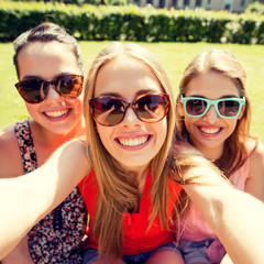 group of smiling teen girls taking selfie in park