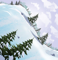 Snow slide with fir trees. Beautiful landscape. Digital raster illustration.