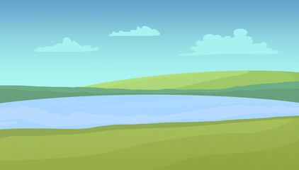Obraz premium Meadows and lake on a sunny day with clouds. Digital raster illustration.