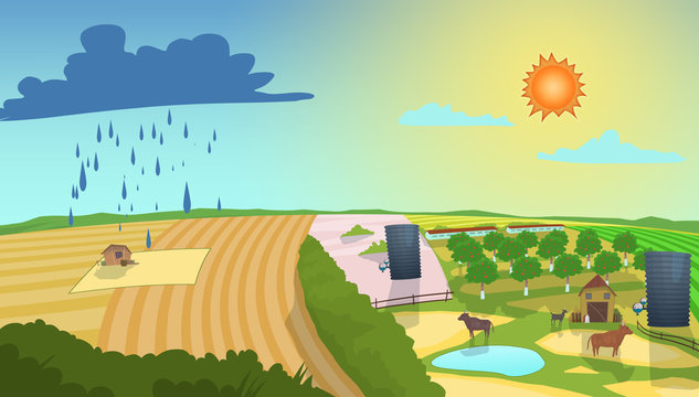 Weather forecast illustration. Rainy and sunny day. Beautiful landscape. Digital raster illustration.