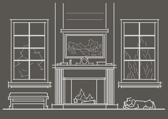 Linear architectural sketch living-room interior with chimney front view on gray background
