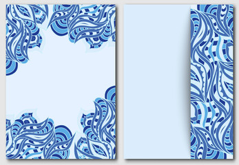 Set of template with waves element for design invitations and greeting cards. Abstract doodle in blue. Indian motif painting.
