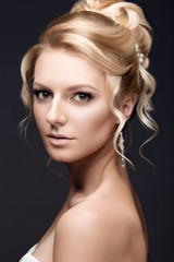 Beautiful blond woman in image of the bride. Beauty face and