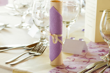 Wedding or dinner table decoration, napkin with ribbon