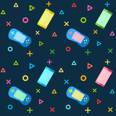 Mobile Phones and Colorful Game pad Controllers. Seamless Pattern for Fabric, Wrapping Paper and Background Wallpaper © frimufilms