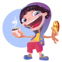 Cool Boy in a Hoodie with Coffee and Chocolate Cookie. Isolated on white vector cartoon illustration.