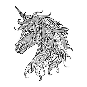 Drawing unicorn zentangle style for coloring book, tattoo, shirt design, logo, sign
