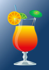 Cocktail glass with juicy drink and slice of orange. Vector illustration.