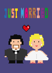 Just Married Greeting Card with couple, text and heart symbol. Vector illustration.