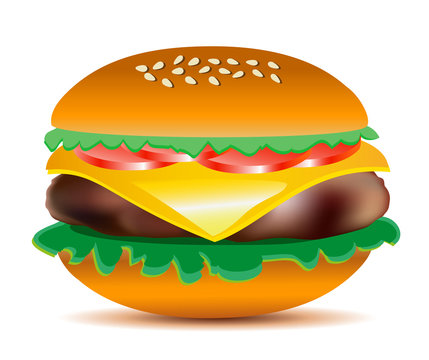 Cheeseburger with salad leaves, tomatoes, ham and sesame seeds. Big tasty colorful vector illustration.