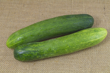 organic green cucumber on sack background