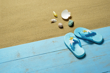 Children's flip flops and sea shells on the sandy beach