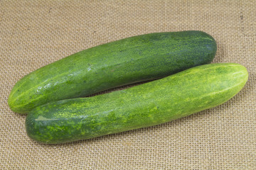organic green cucumber on sack background