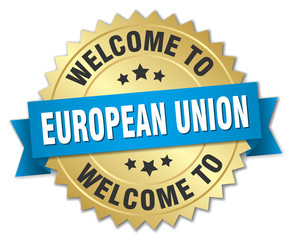 european union 3d gold badge with blue ribbon