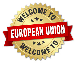 european union 3d gold badge with red ribbon
