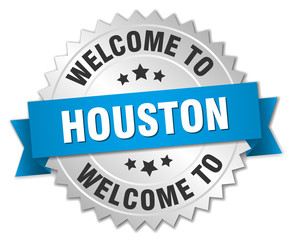Fototapeta premium Houston 3d silver badge with blue ribbon