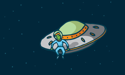 Funny alien sitting in his spaceship