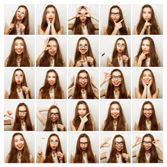 Collage of woman different facial expressions