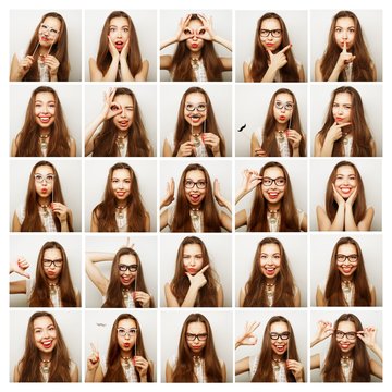 Collage of woman different facial expressions