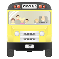 Front view of school bus with kids and driver